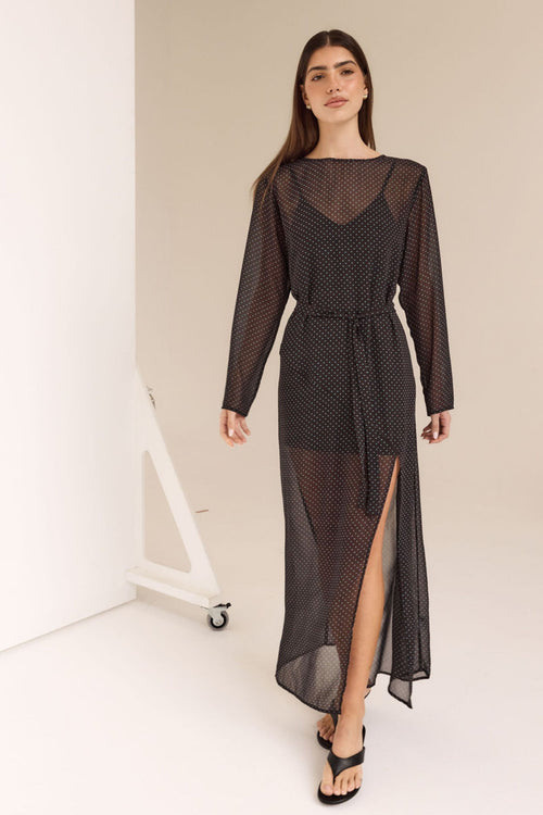 Eden Maxi Dress (Dark Chocolate/Blue Polka)