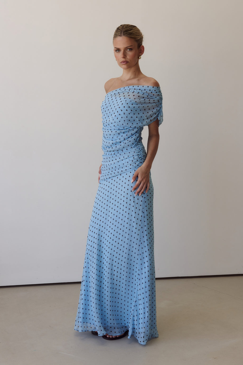 Naomi Maxi Dress (Light Blue/Chocolate Polka)
