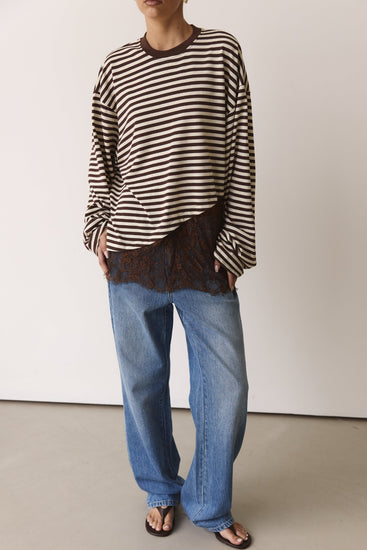 Cleo Lace Long Sleeve Top (Chocolate/Cream Stripe)