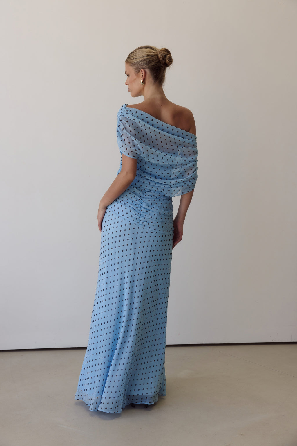 Naomi Maxi Dress (Light Blue/Chocolate Polka)