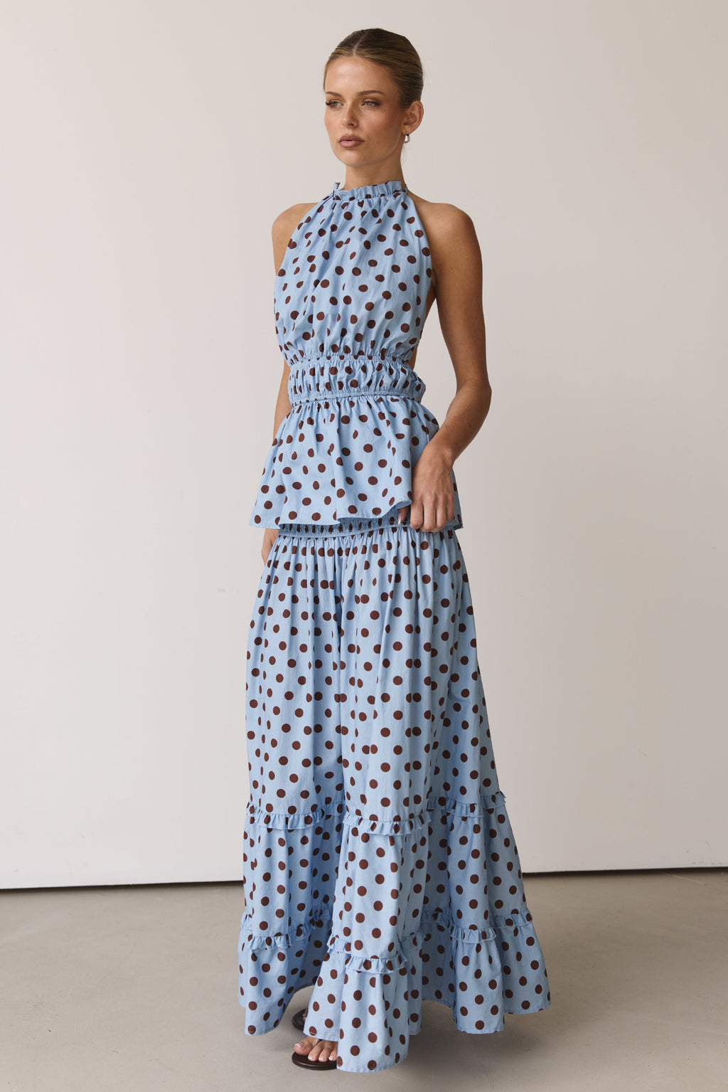 Stella Maxi Skirt (Light Blue/Chocolate Polka)