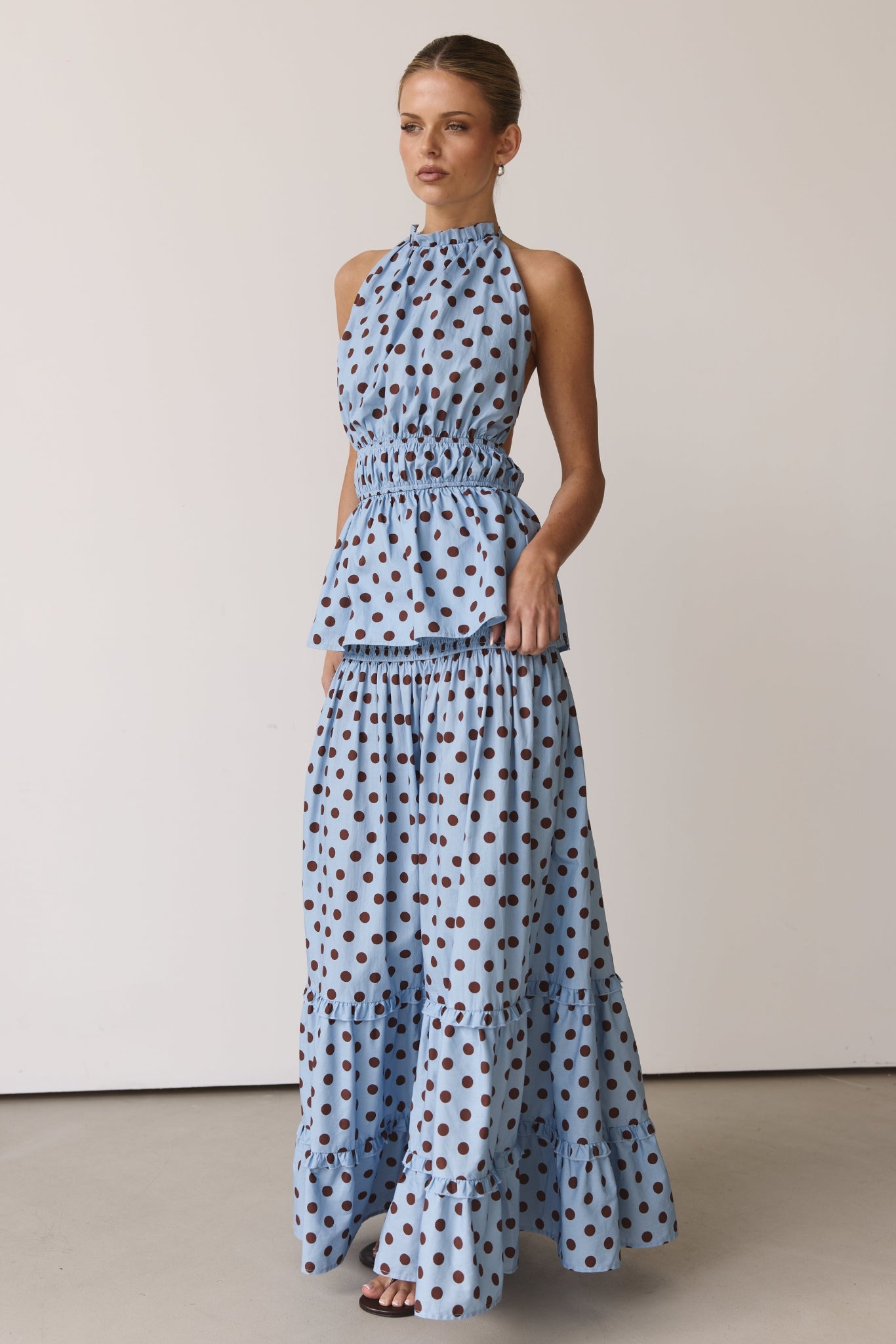 Stella Maxi Skirt (Light Blue/Chocolate Polka)