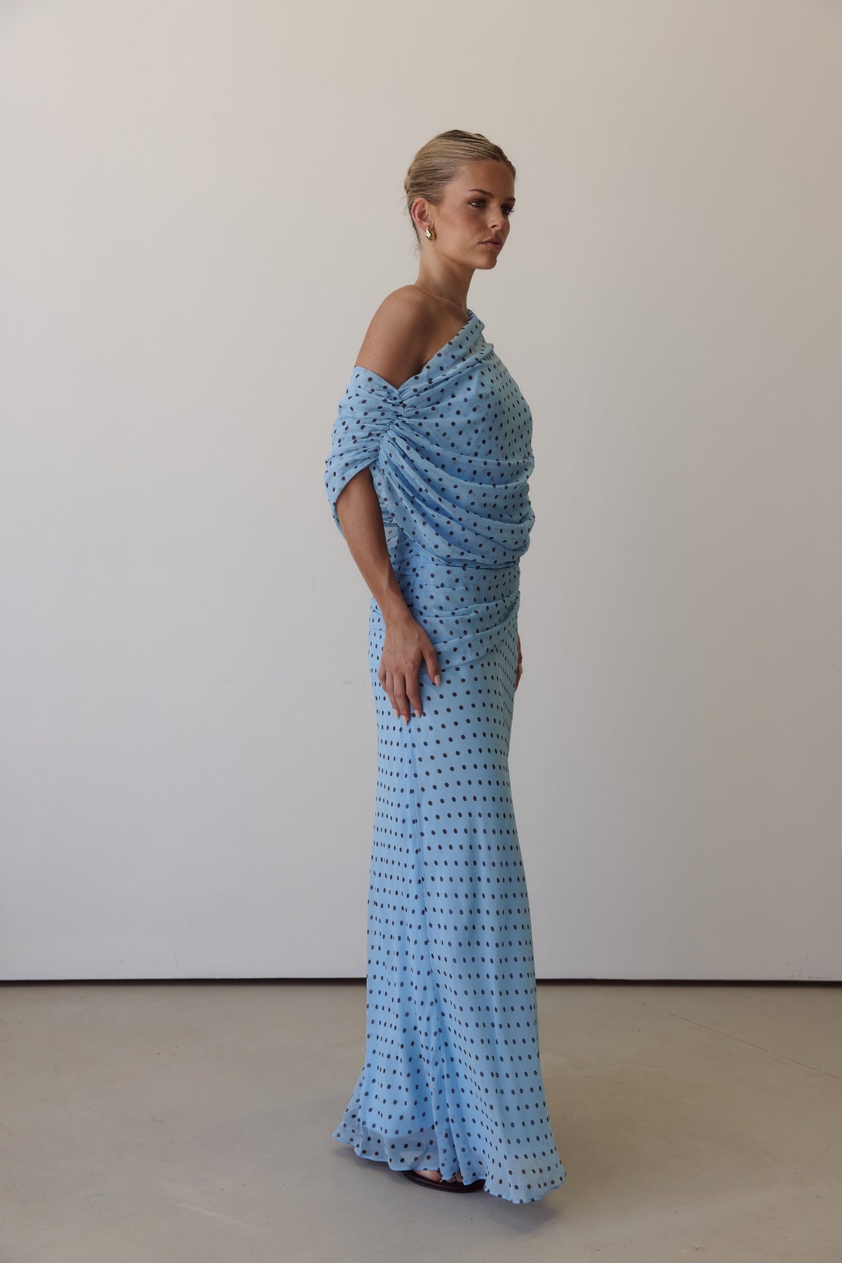 Naomi Maxi Dress (Light Blue/Chocolate Polka)