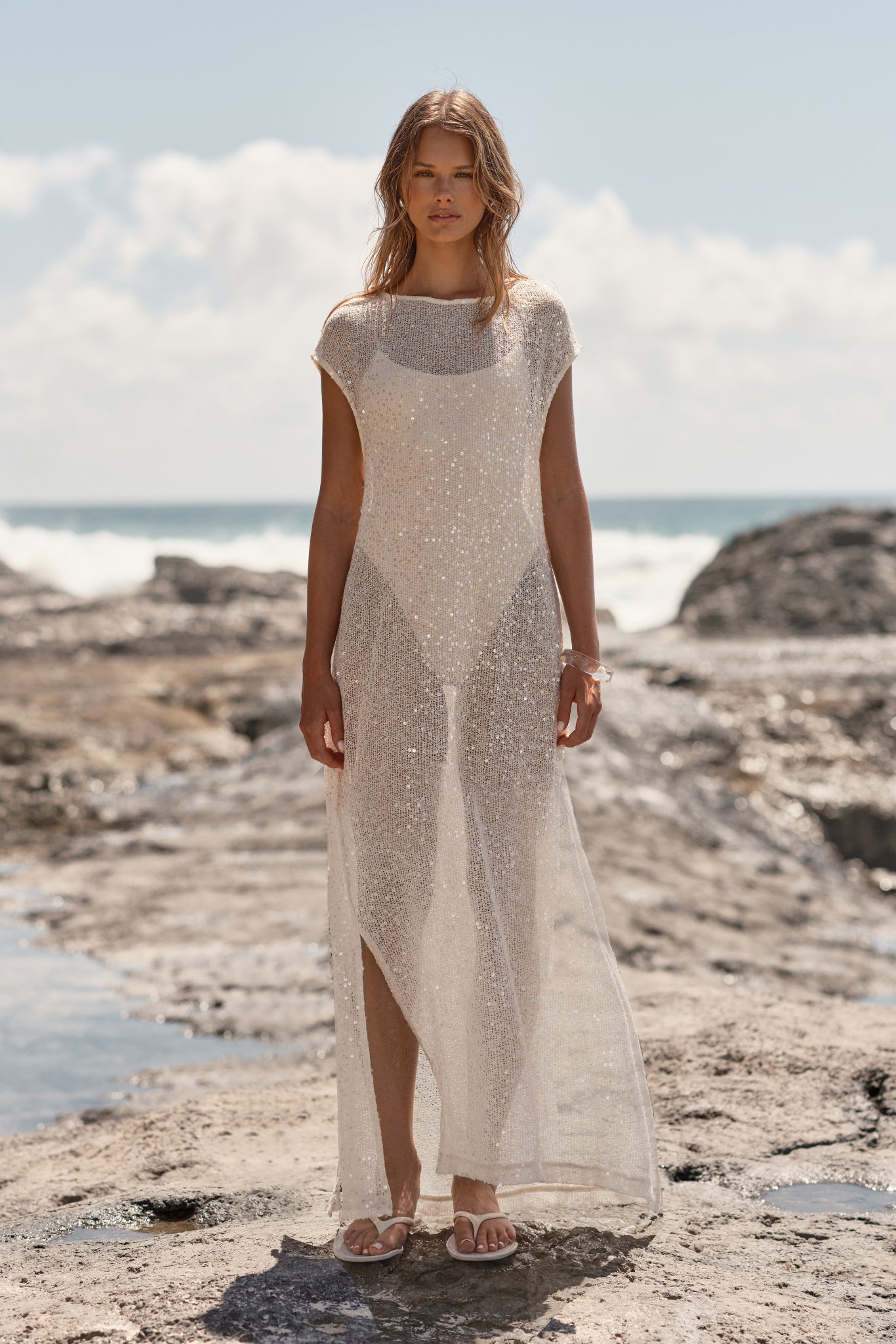 Alba Sequin Knit Midi Dress (Cream)