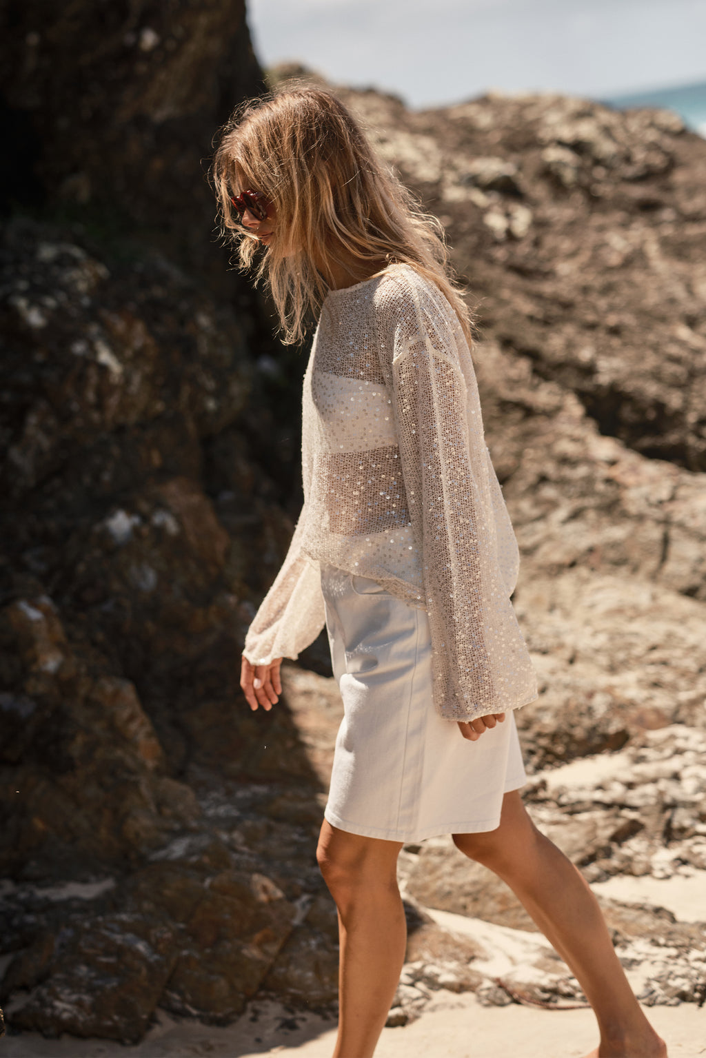 Liana Sequin Knit Long Sleeve Top (Cream)