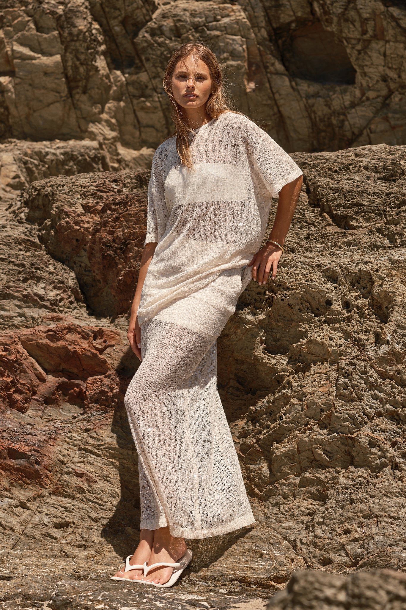 Nala Sequin Knit Midi Skirt (Cream)