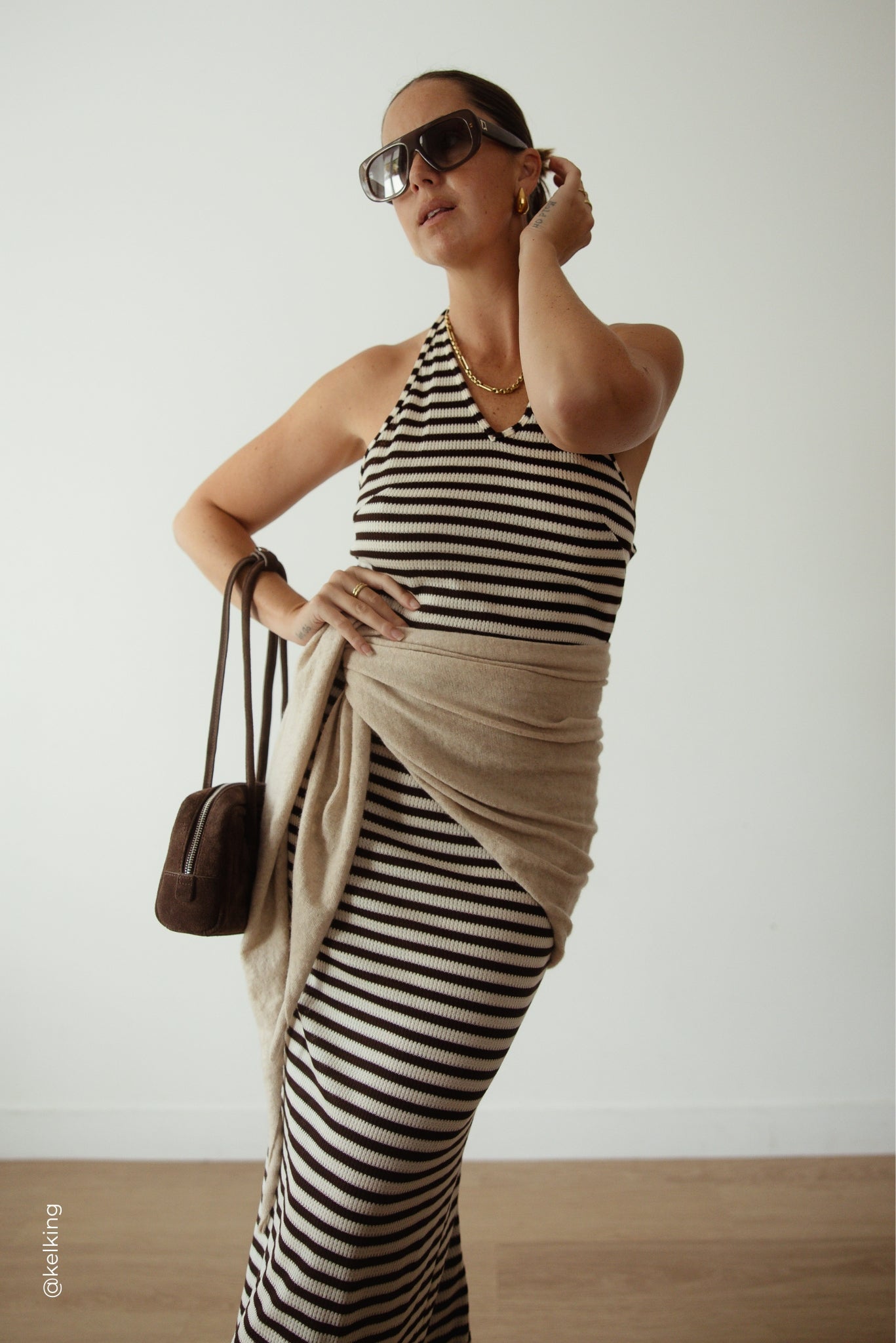 Luca Knit Midi Dress (Choc/Beige Stripe)