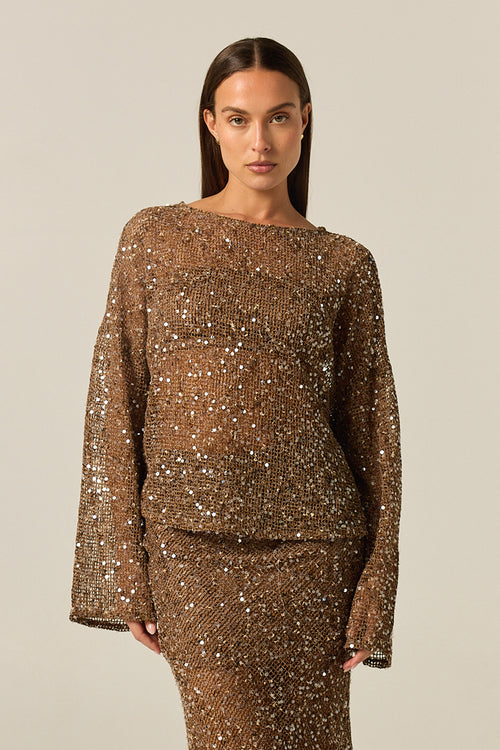 Edela Sequin Long Sleeve Top (Chocolate)