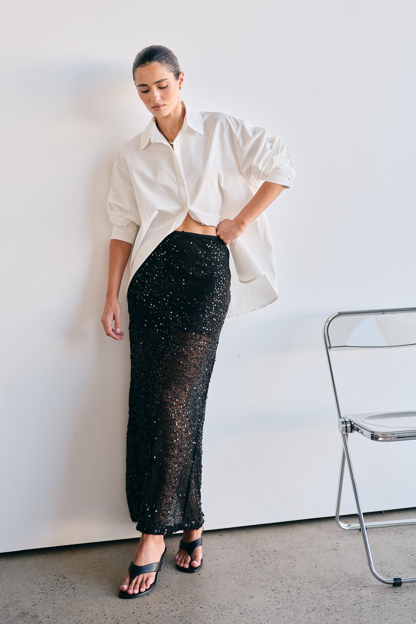 Nala Sequin Knit Midi Skirt (Black)