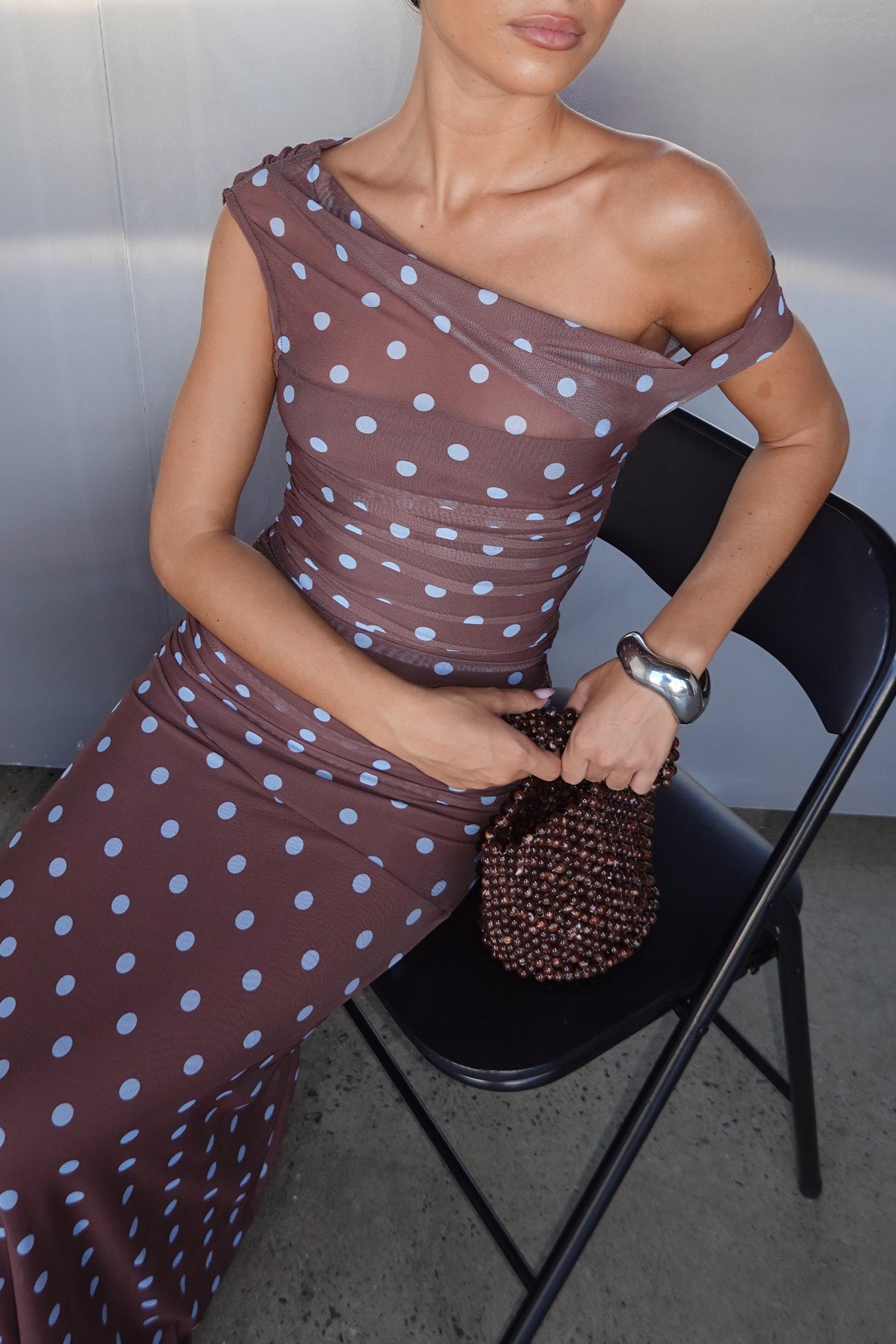 Leila Maxi Dress (Chocolate/Blue Polka)