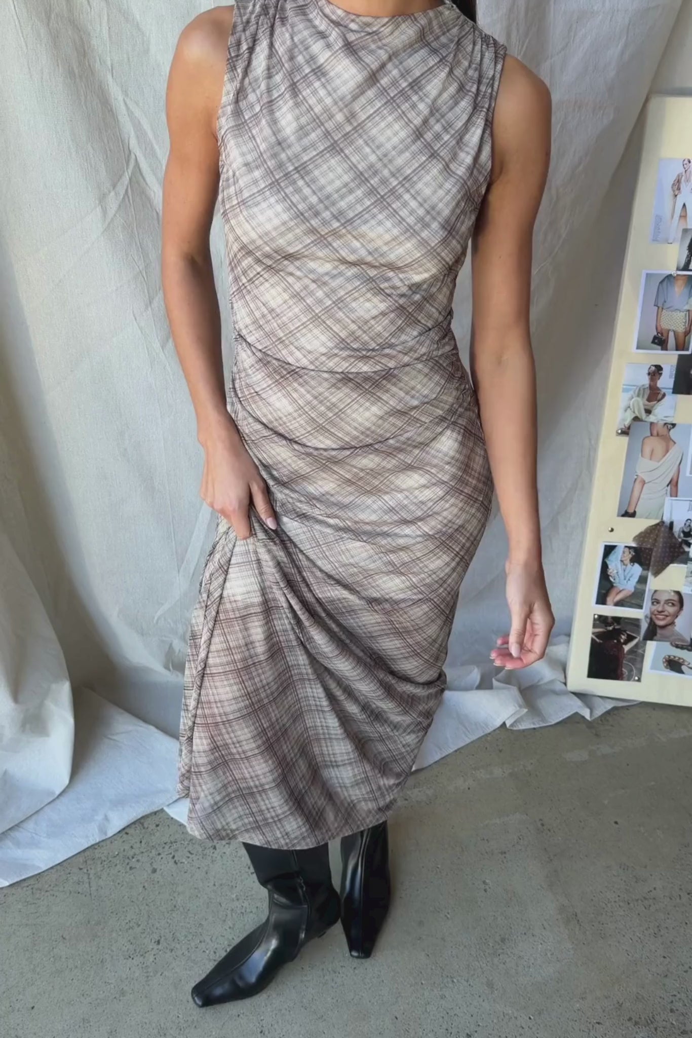 Isla Maxi Dress (Taupe Plaid)