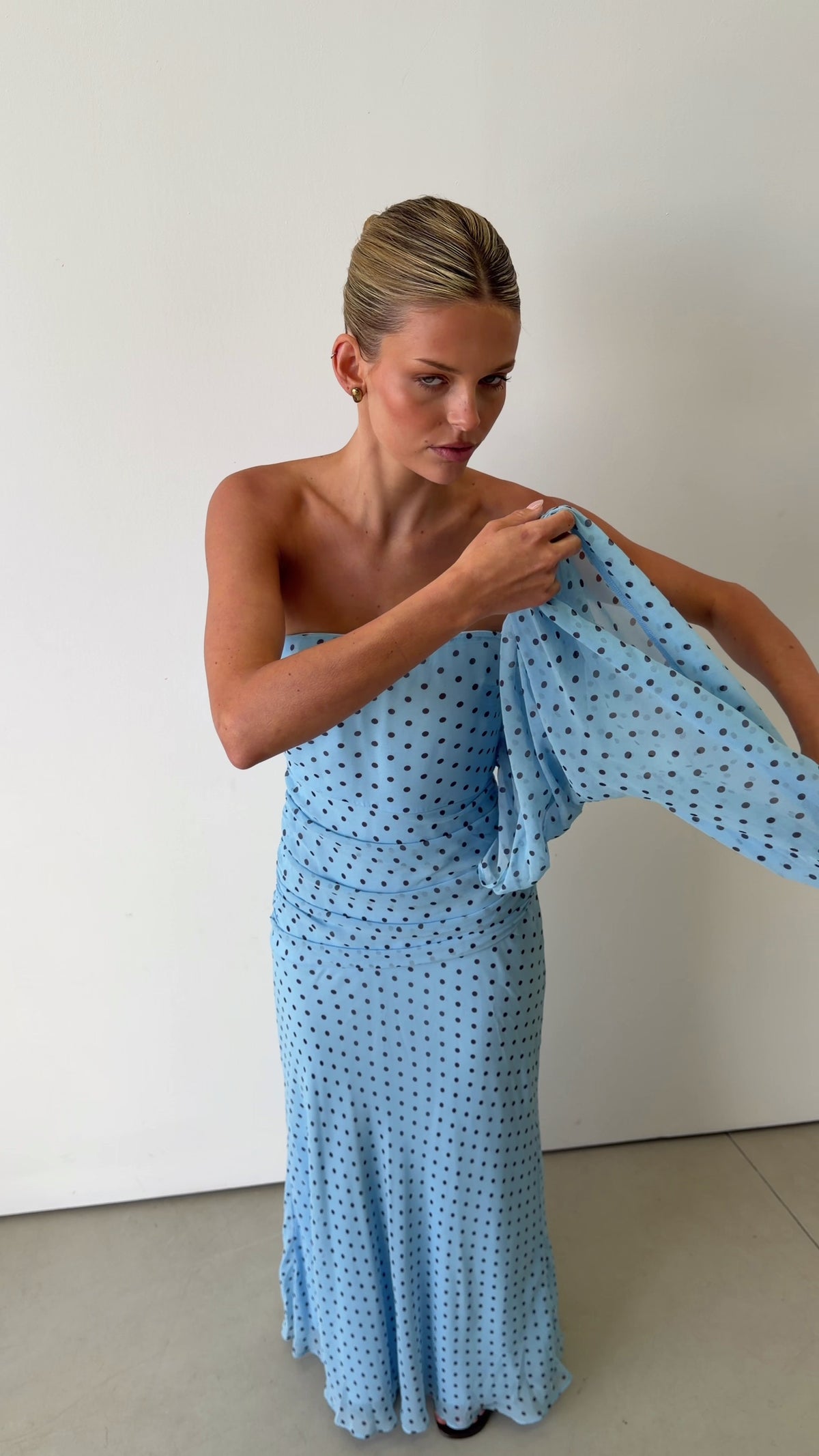 Naomi Maxi Dress (Light Blue/Chocolate Polka)